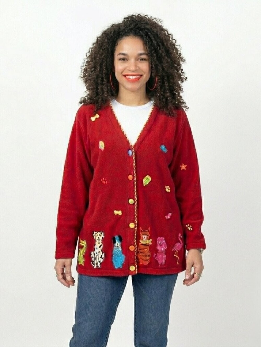 The Quacker Factory Vintage Dog Red Multicolor Pet Cardigan - 1X